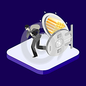 Thief running out of a bank vaul. Isometric concept