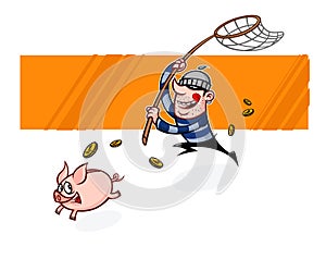 The thief runs after the piggy bank. Vector flat illustration of a pig and a burglar. Image is isolated on white background. Ready