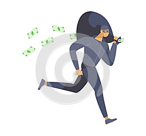 Thief stealing money flat vector illustration. Bank robber, burglar in mask escaping crime scene cartoon character