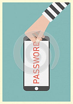 Thief stealing password on mobile smartphone screen .Eps10 illustration.Symbol stealing , Mobile,security app smartphone c