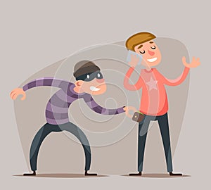 Thief Steals a Purse from Hapless Guy Character Icon Cartoon Design Template Vector Illustration
