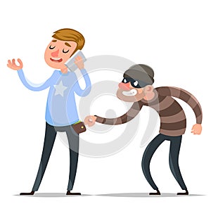 Thief steals purse from hapless guy character icon cartoon warning design template vector illustration