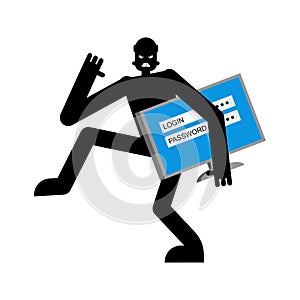 Thief stole login and password. burglar stole Information. robber carries PC. Abduction personal data