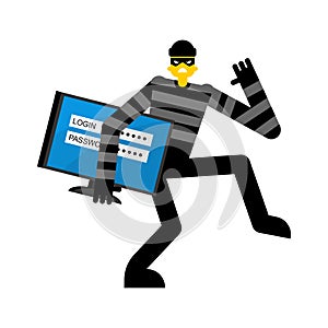 Thief stole login and password. burglar stole Information. robber carries PC. Abduction personal data