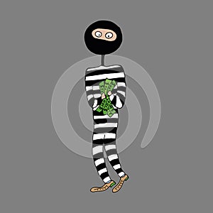 The thief is a swindler in striped clothes. A thief robbed a bank. The fraudster holds a lot of banknotes in his hands