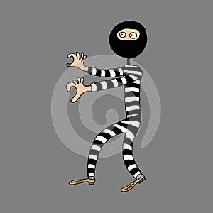 The thief is a swindler in striped clothes. A thief wants to rob a bank. Vector. Doodles. Funny character in cartoon