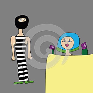 The thief is a swindler in striped clothes. A thief wants to rob a store. Vector.