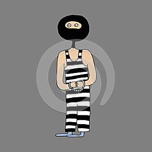 The thief is a swindler in striped clothes. The thief was caught by the police. The scammer in handcuffs. Vector