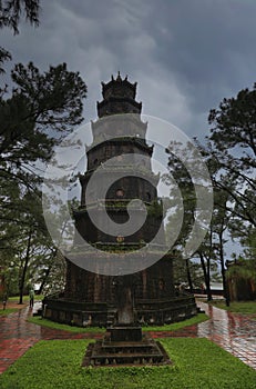 Thien Mu Pagoda in He on a rainy day, Vietnam