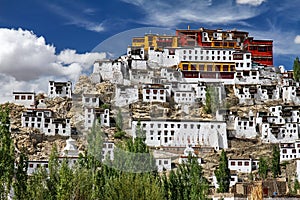 Thiksey Monastery in Clouds and Blue Sky, India