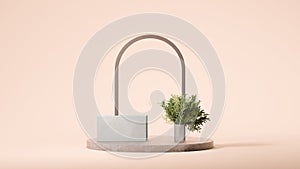Thin arc with green plant on the round podium. Minimal design. 3d rendering.