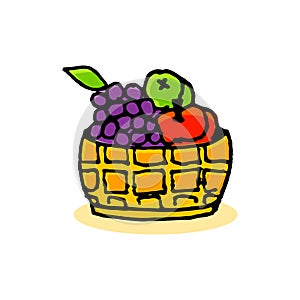 Thin black outline basket of fruits vector illustration isolated on white background.