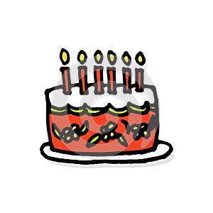 Thin black outline birthday cake with candles vector illustration isolated on white background. Hand drawn vector. Doodle food and