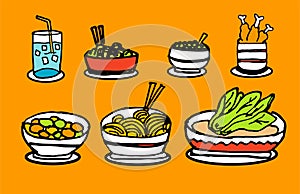 Thin black outline fast food icons set isolated on orange background.