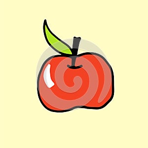 Thin black outline of red apple with green leaf vector illustration. hand drawn vector. modern scribble for kids, sticker, clipart