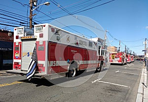 Thin Blue Line American Flag on a Fire Engine, New Jersey, USA