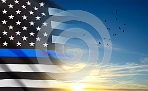 Thin Blue Line. American flag with police blue line on a background of sunset. Support of police and law enforcement