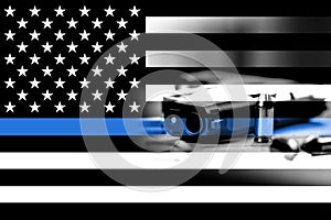 Thin Blue Line Police Flag and Gun Background