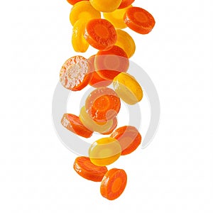 Thin carrot slices, falling, creating a dynamic and fresh image