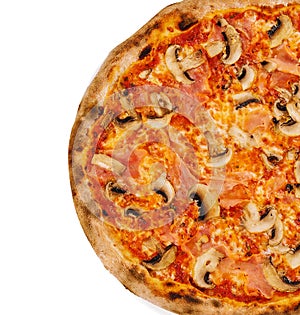 Thin crust italian pizza with tomato sauce, cheese, ham and mushrooms