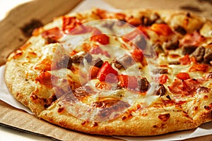 Thin crust Pizza, close up photo of a delicious pizza with mozzarella cheese, onions, meat, tomato