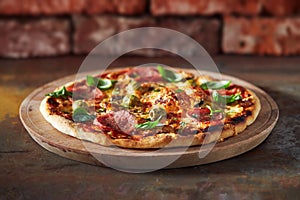 Thin crust pizza with ham, cheese and olive photo