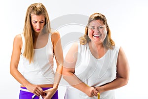 Thin and fat woman measuring waist with tape