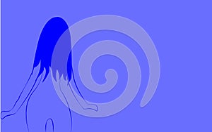 A thin, frail little light, gentle girl with a beautiful slender figure turned with her back with long hair painted with blue line