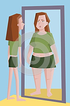 Thin girl seeing in the mirror fat herself