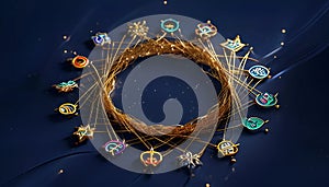 Golden Threads Interwoven with Religious Symbols on Navy-Blue Background-World Religion Day. photo