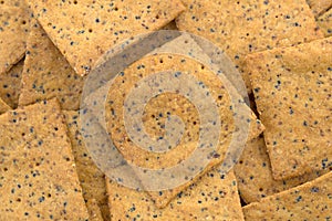 Thin gourmet snack crackers close view