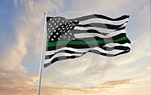 Thin Green Line USA flag waving, panoramic view, Wildlife Officers, Park Rangers, Federal Agents, Border Patrol, Military