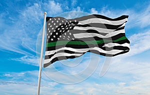 Thin Green Line USA flag waving, panoramic view, Wildlife Officers, Park Rangers, Federal Agents, Border Patrol, Military