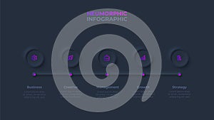 Thin horizontal line with five circles. Concept of 5 steps of business processes. Dark neumorphism infographic design