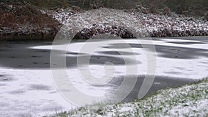 Thin ice covered canal in winter after snowfall