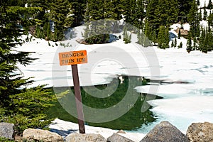 Thin Ice danger sign at Lake Helen, Lassen National Forest, California