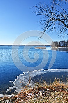 Thin ice on the lake Uvildy in late autumn in sunny day photo