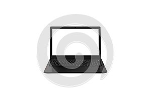 Thin laptop or notebook portable isolated, Black computer laptop on white background, white blank screen with copy space for text