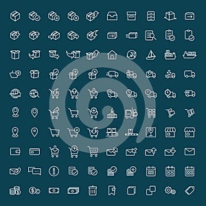 Thin line 100 shopping, shipping and delivery icons set on dark