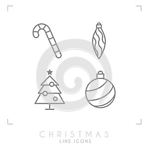 Thin line christmas icons. Decoration ball, christmas tree, candy cane.