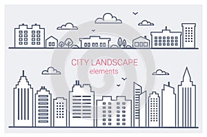 Thin line City buildings set. Downtown landscape with high skyscrapers. Panorama architecture City landscape template photo
