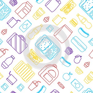 Thin Line Color School Lunch Food Boxes Seamless Pattern Background. Vector