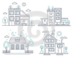 Thin line countryside suburban american house with trees set. Vector smart home illustration for infographic, web design