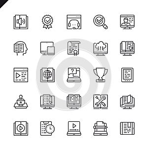 Thin line e-learning, online education elements icons set for website and mobile site and apps. Outline icons design.