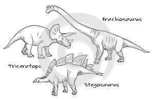 Thin line engraving style illustrations, various kinds of prehistoric dinosaurs, it includes brachiosaurus, stegosaurus