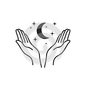 thin line female hands with stars and moon