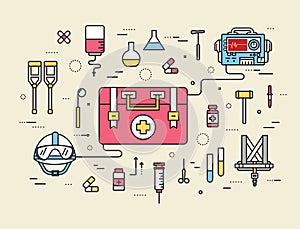 Thin line first medical aid modern illustration concept. Infographic way from medicine chest to equpment. Icons on isolated