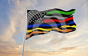 Thin Line First Responder flag waving at cloudy sky background on sunset, panoramic view. copy space for wide banner. 3d