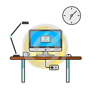 Thin line flat computer programmer desk, web coder workplace tools and equipment, software developer