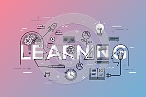 Thin line flat design banner of learning web page